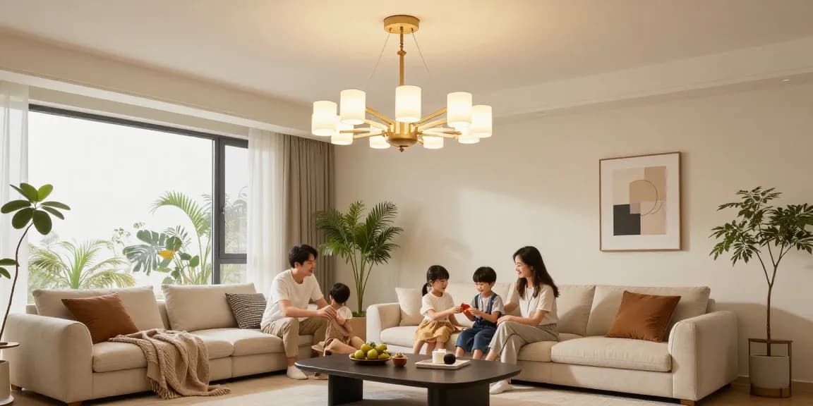 Candelabru living modern în sufrageria elegantă, iluminând atmosfera caldă.