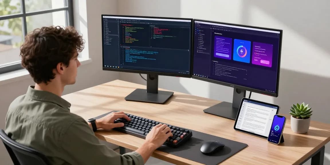 快连's tech workspace showcasing innovative coding environment with dual monitors and natural light.