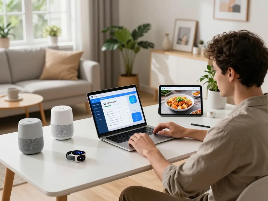 Smart tech gadgets displayed on a modern desk, highlighting a cozy tech-savvy workspace.