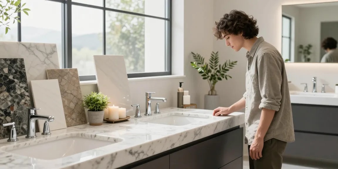 Custom bathroom countertops Hamilton showcased in a stylish bathroom with quartz surfaces and elegant fixtures.