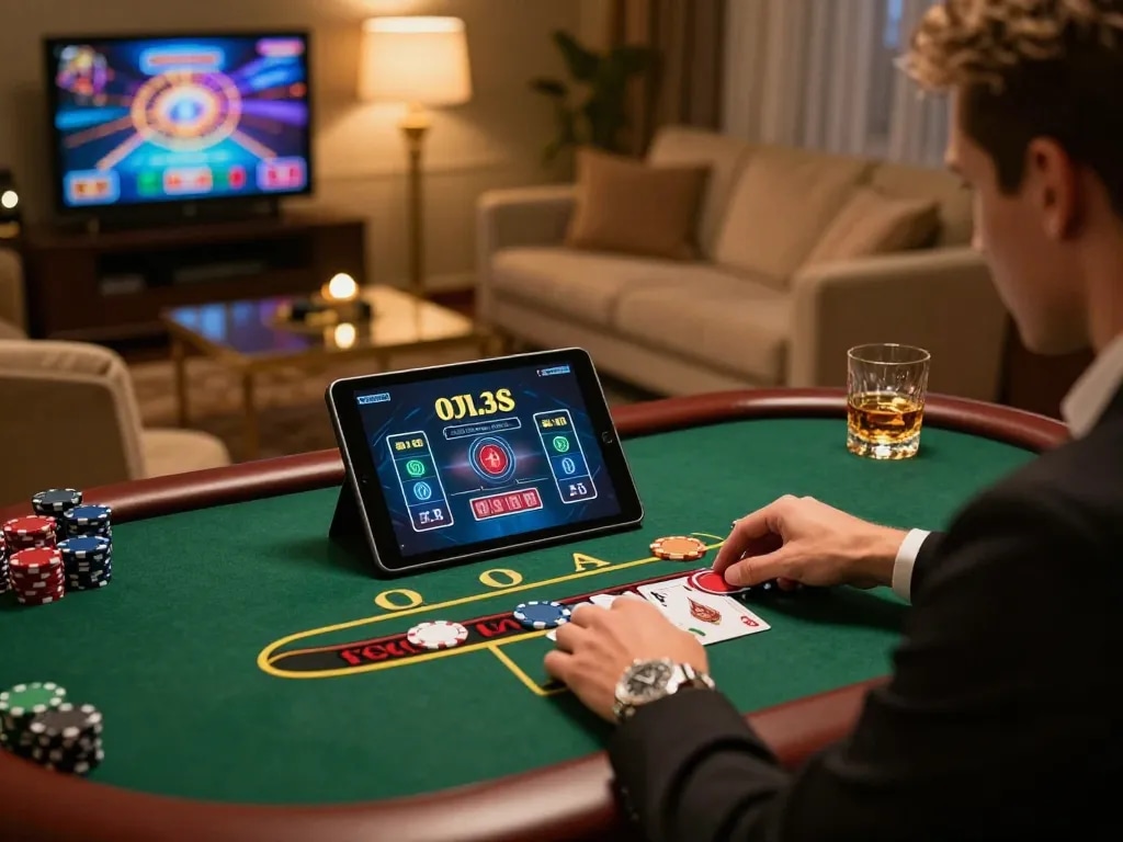 Dabet player enjoying a live blackjack game on tablet in a luxurious home setting, highlighting online casino action.