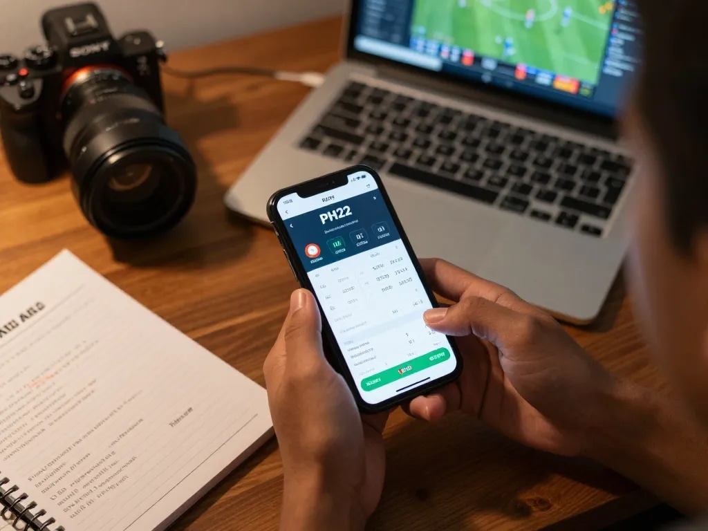 PH22 app on smartphone displaying live sports betting odds while strategizing at home.