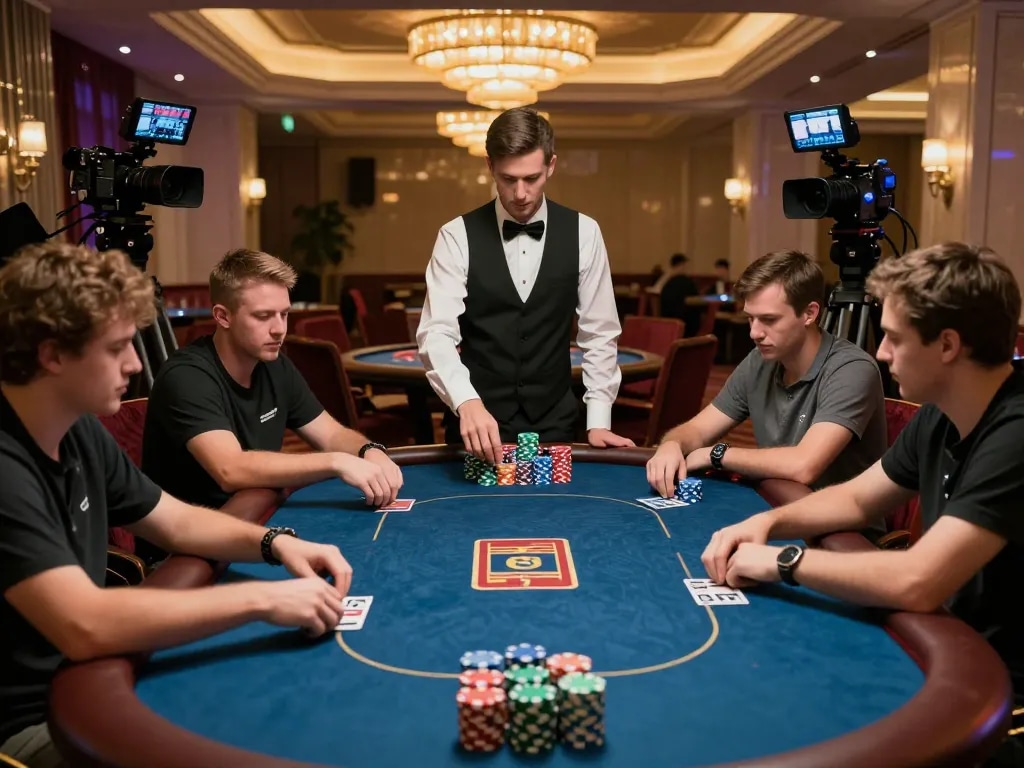 Watch skilled players engage in a thrilling poker game at bom88's upscale casino.