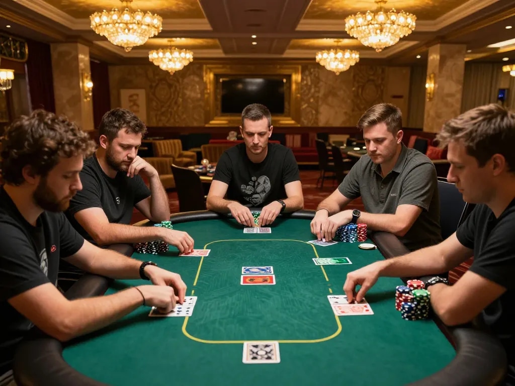 A thrilling poker game at MM88Star with players concentrated and colorful chips on the table, highlighting the tension.