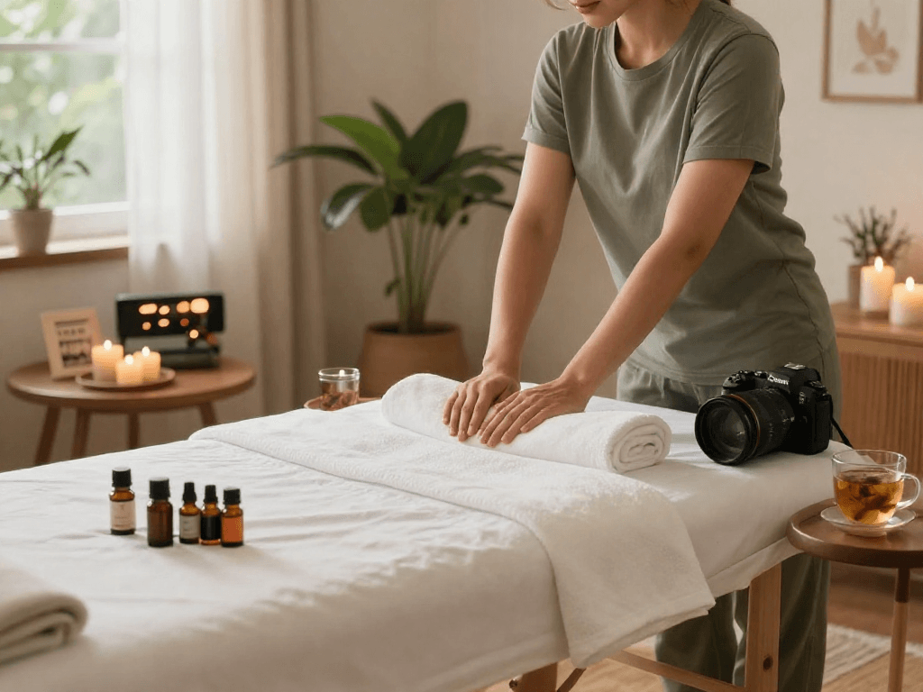 신촌출장안마 providing a serene home massage setup with professional therapist and calming atmosphere