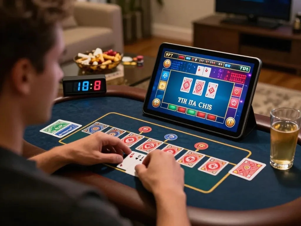 79win user engaging in live dealer game on tablet, showcasing strategic gambling in a cozy setting