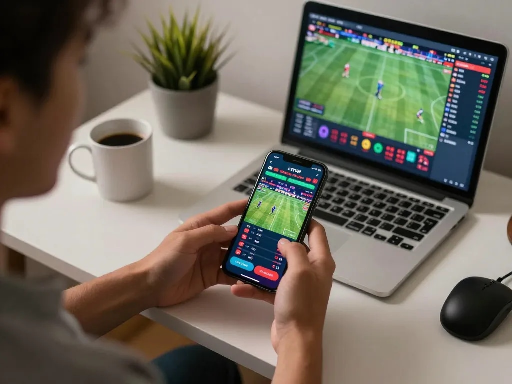 Engaging in mobile sports betting on LOTO188, showcasing phone display of live odds and matches in modern home office.