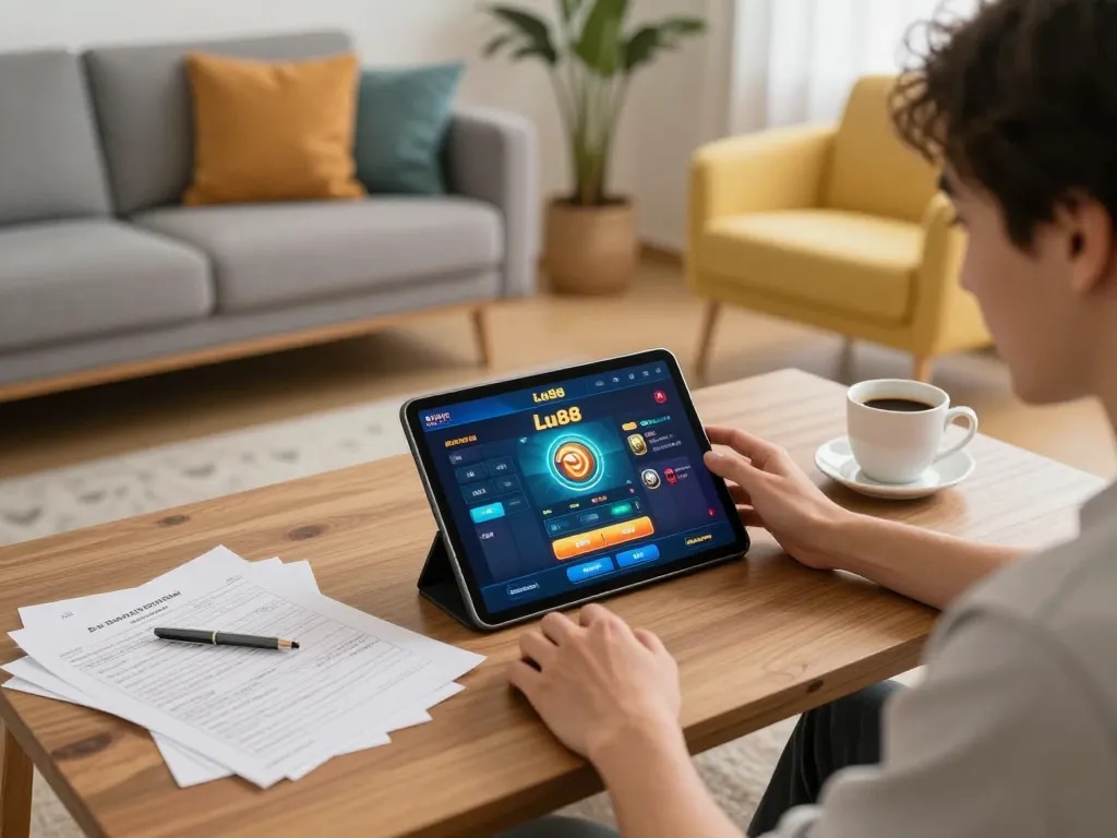 Engaging on Lu88 online gaming platform in a cozy home setup, highlighting responsible play.