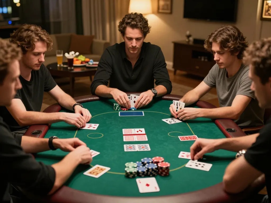 Engaging poker game strategy session at home, showcasing players focused on slot gacor odds and winning strategies.