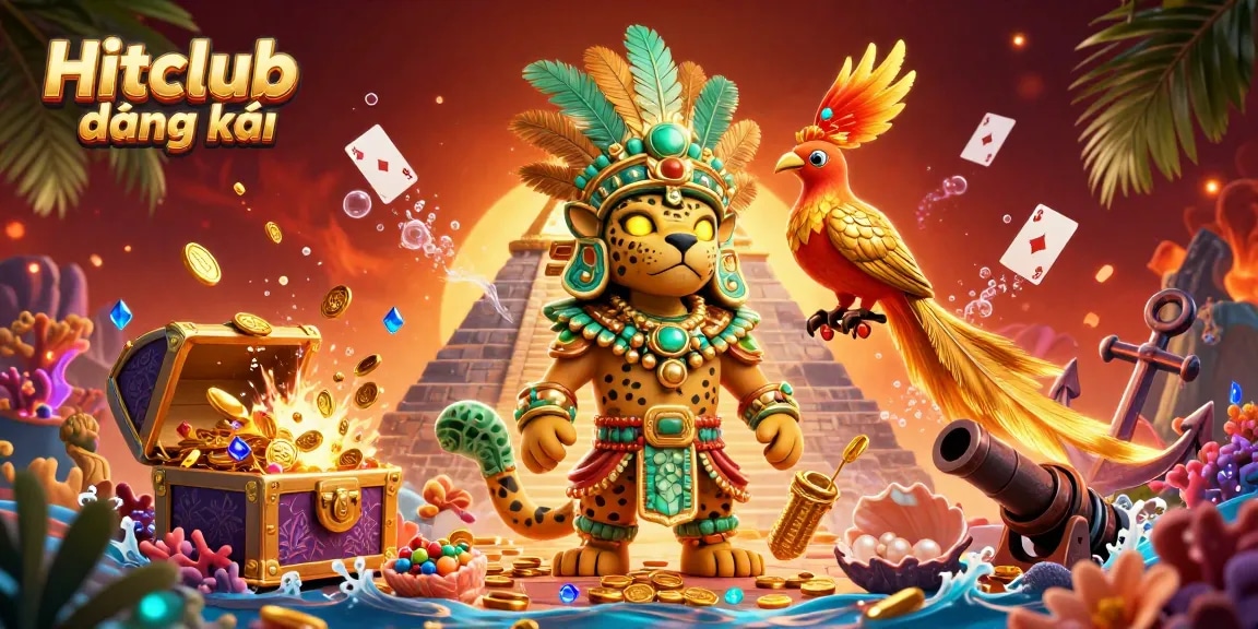 Experience Hitclub đăng ký with a vibrant casino illustration featuring a Mayan priest and colorful game elements.