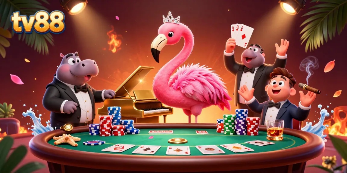 Experience thrilling gaming at tv88 with vibrant casino characters playing cards in a lively atmosphere.