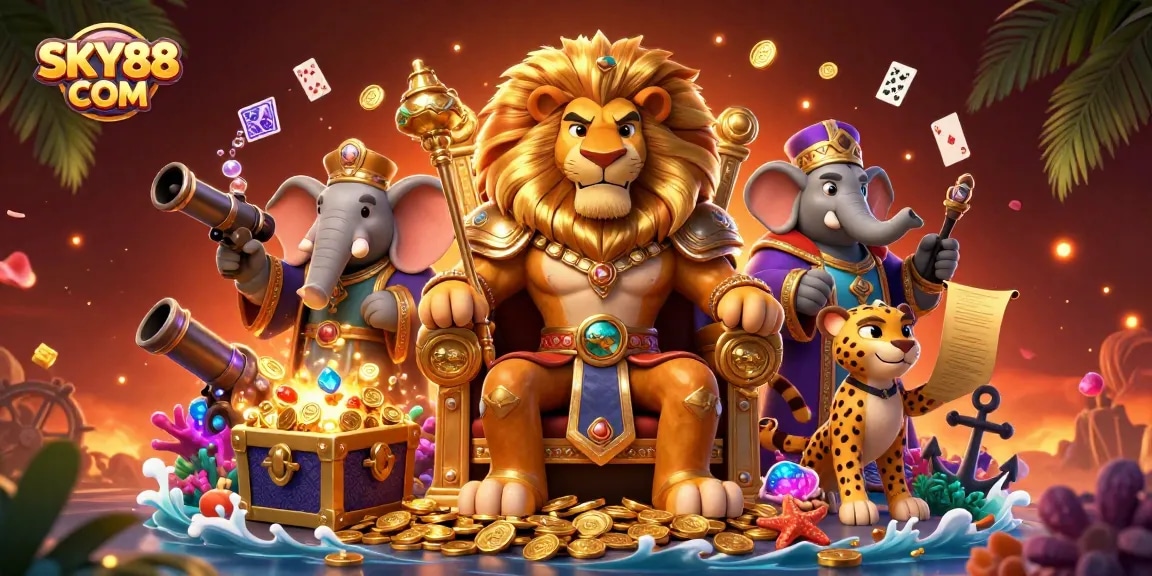 Experience the thrill of gambling at SKY88 COM with a lively casino scene featuring a lion king and treasure.