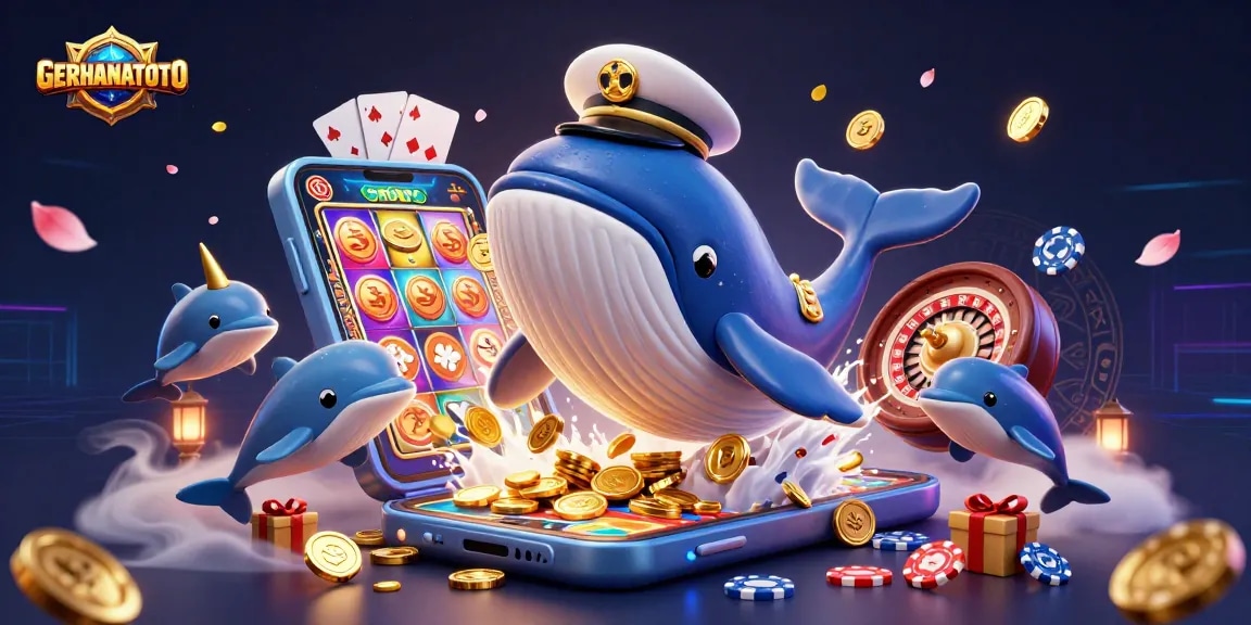 GERHANATOTO menghadirkan ilustrasi kasino 3D dengan paus besar, narwhal, dan lumba-lumba bermain chip poker.