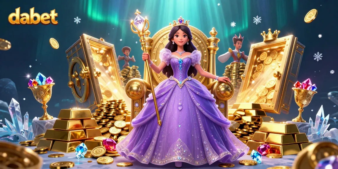 Dabet offers an enchanting gaming experience with a princess surrounded by treasures and casino elements.