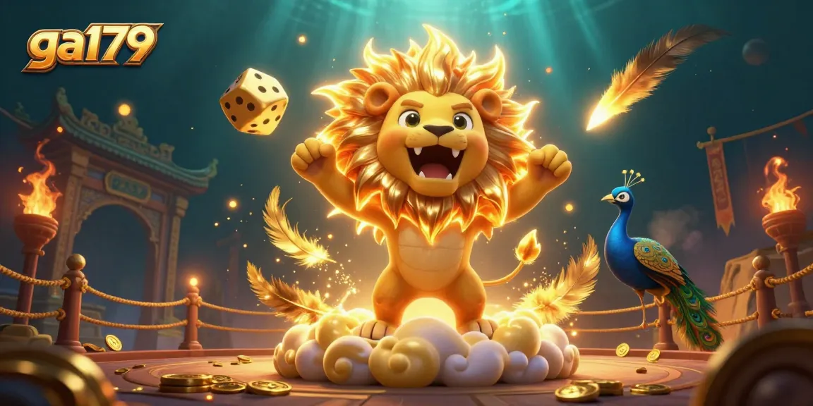 Experience thrilling action with ga179 as a roaring sun lion amidst swirling casino elements and golden dice.