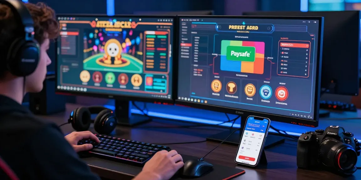 Engagierter Spieler in einer Paysafe Card Casino-Umgebung, der Dual-Monitore nutzt, um Spieloptionen zu erkunden.