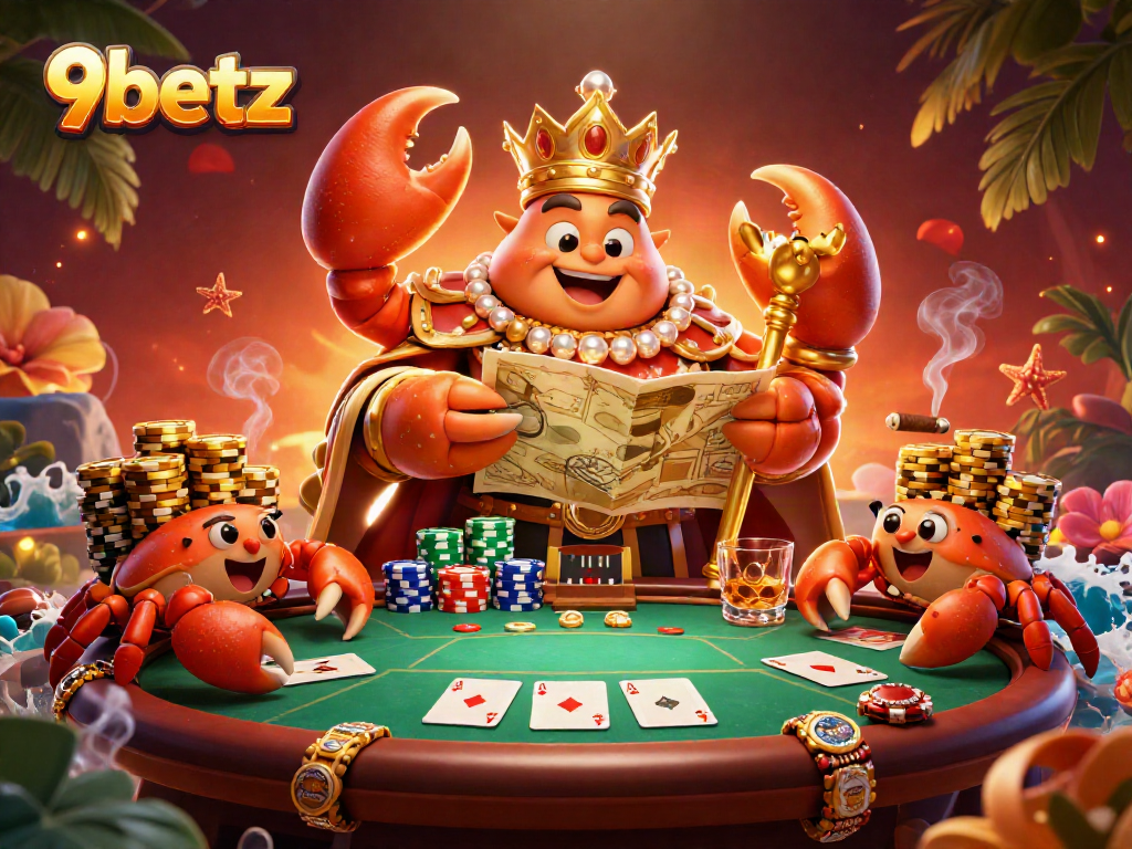 Engage in thrilling action at 9betz with a dazzling crab emperor in a vibrant casino scene.