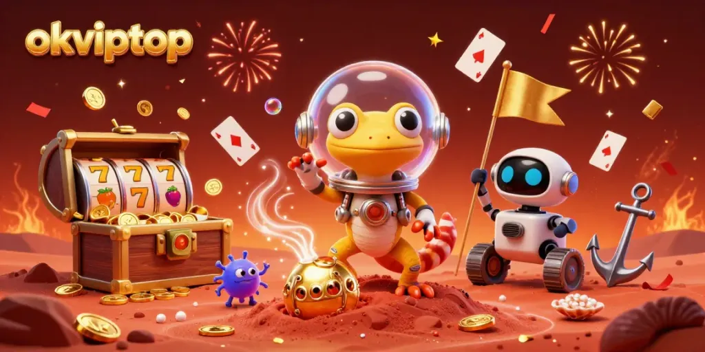 Engaging illustration of okviptop highlighting a Martian gecko with a golden casino and festive elements.