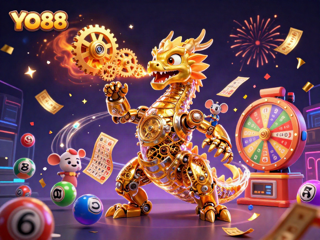 Engage in thrilling YO88 gameplay with a vibrant scene of dynamic lottery elements and a golden dragon.