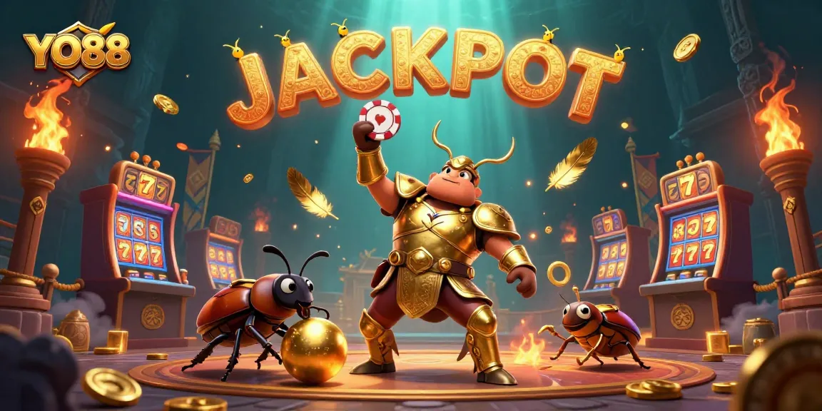 Spin the reels with YO88's golden beetle heroes celebrating a jackpot win in a vibrant casino scene.