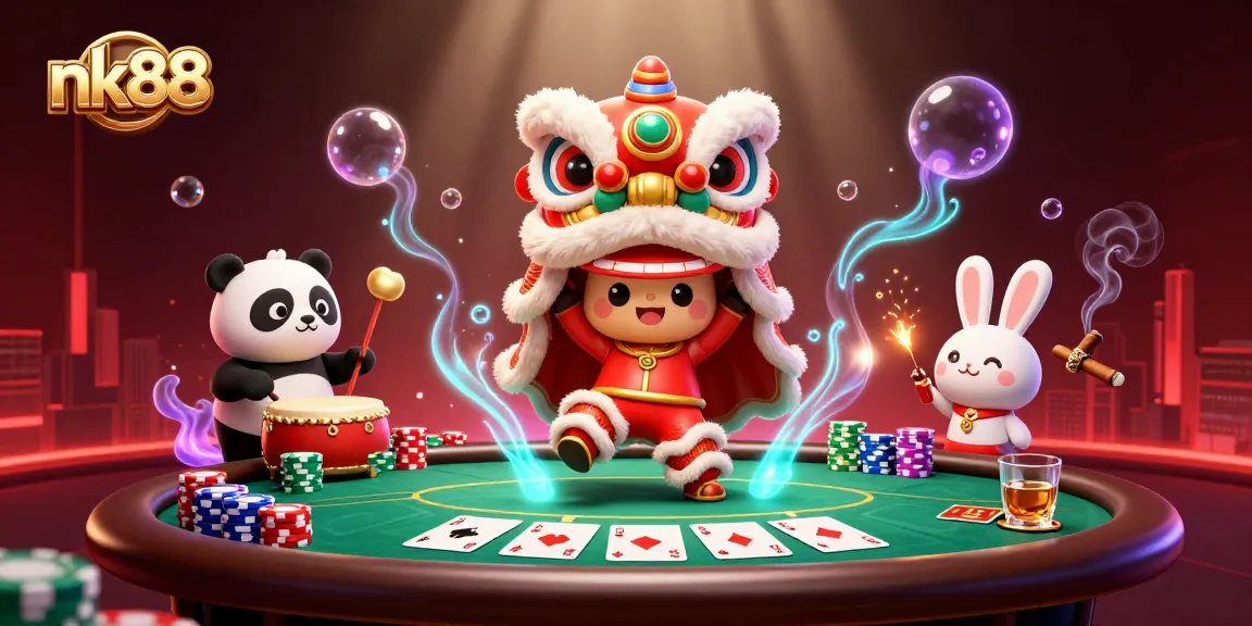 Engage with nk88's exciting poker scene featuring playful characters and dynamic game elements.