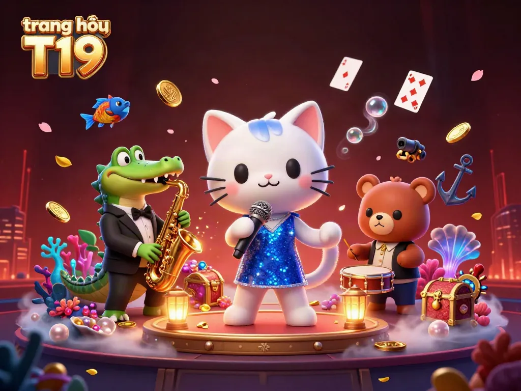Engage in excitement at trang chủ T19 with a vibrant 3D casino illustration featuring lively characters and casino elements.