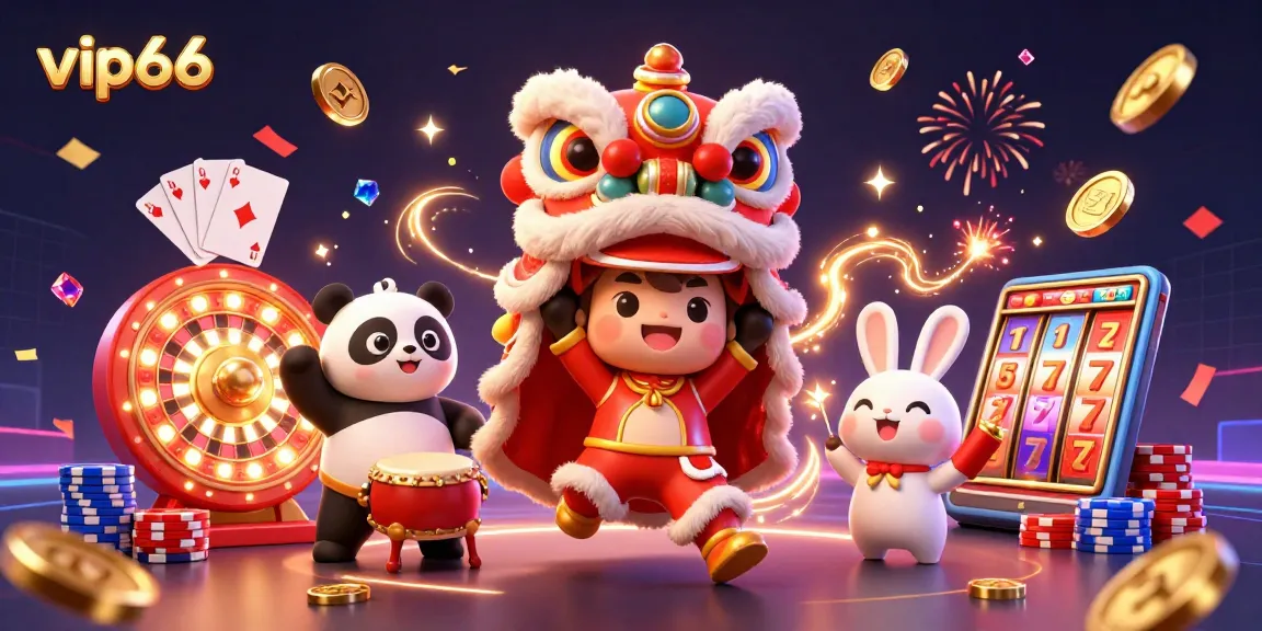 Engage with vip66 at this festive online casino illustration featuring a dynamic lion dance with casino elements.