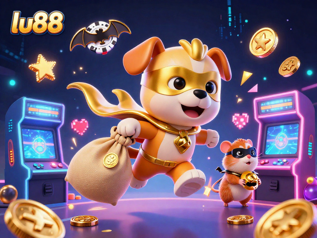Join the 3D superhero dog and hamster in an exciting lu88 gaming adventure amidst vibrant casino elements.