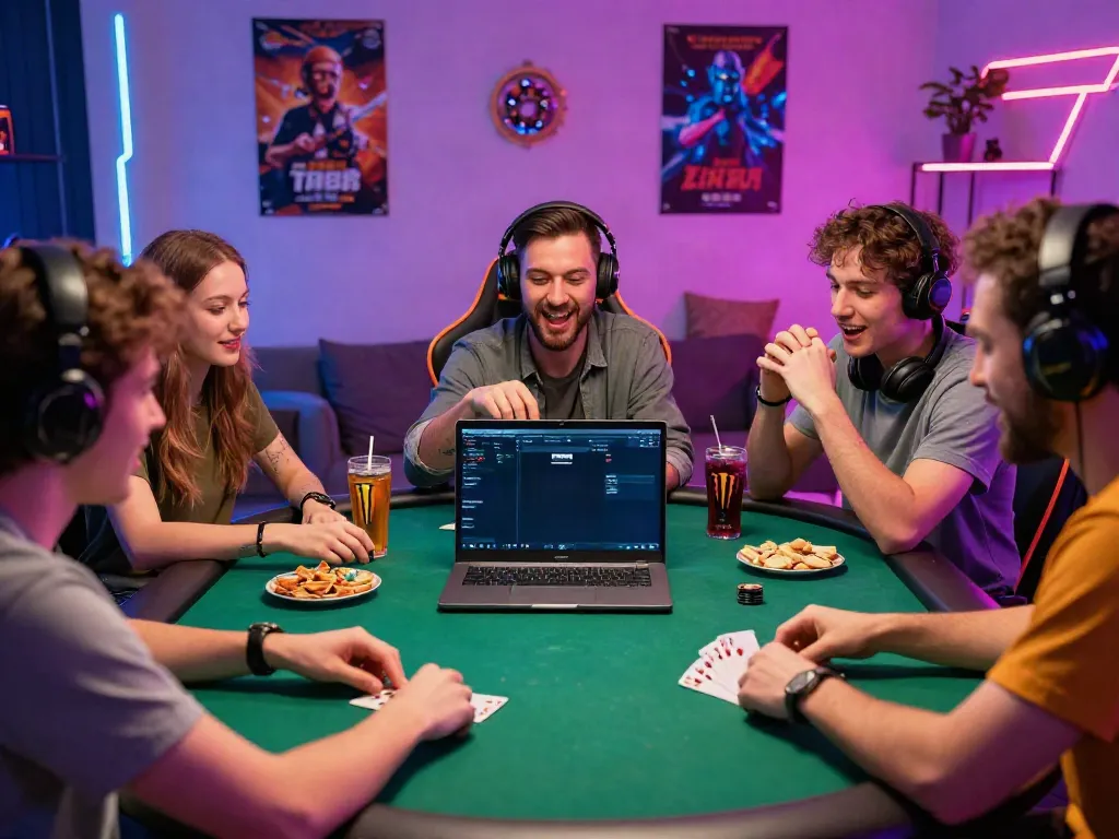 Group enjoying online poker at https://ta88.network/ with vibrant snacks and decor.