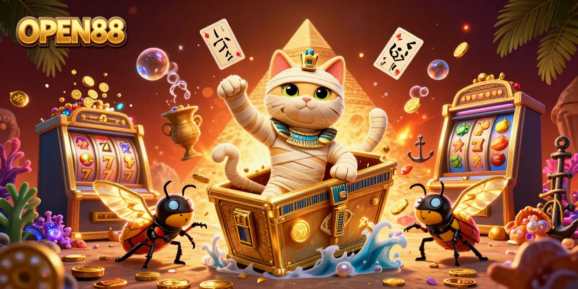 Engage with OPEN88's vibrant casino scene featuring a mummy cat and glowing elements.