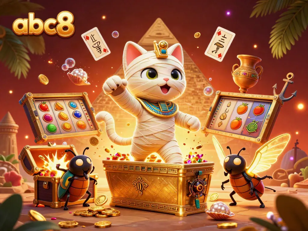 Engage with abc8's vibrant casino adventure featuring a mummy cat and treasures.