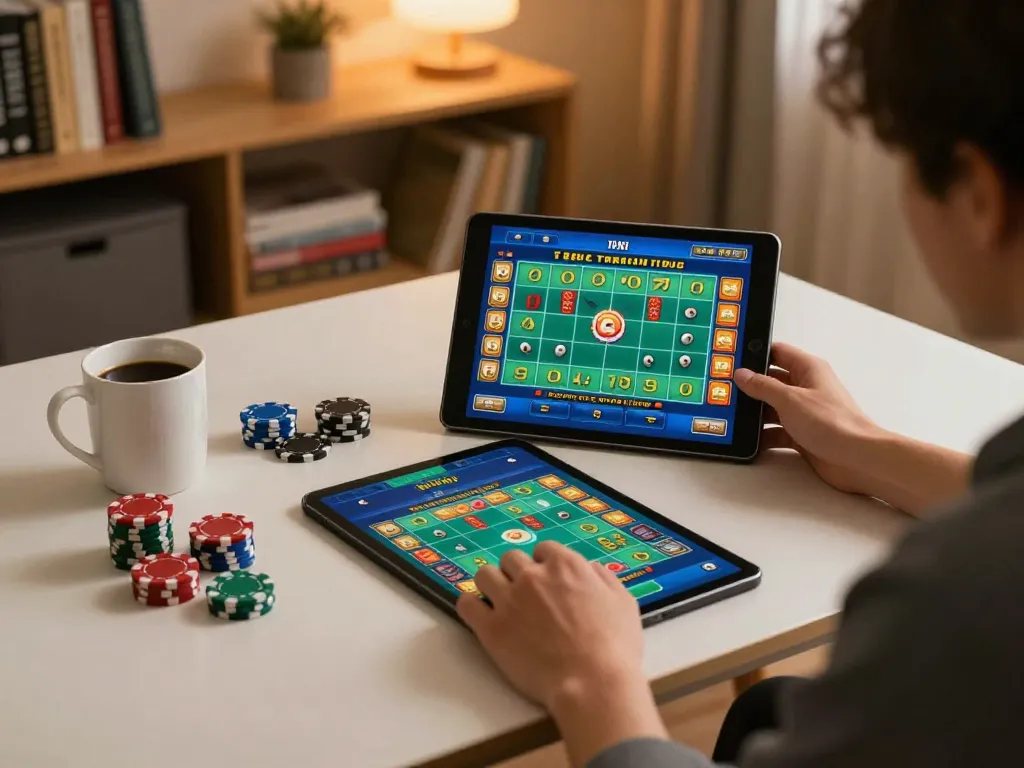 Tài xỉu online gaming session at home with tablet and strategic elements visible