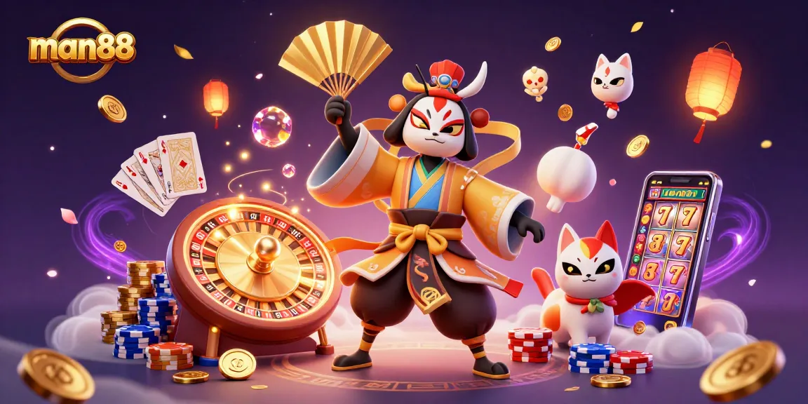 Experience thrilling wins at man88 with a vibrant 3D casino scene including slots and games.