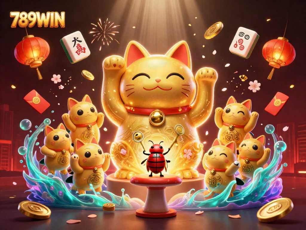 Engage with 789WIN in a vibrant casino scene showcasing a golden lucky cat shape made of fireflies.