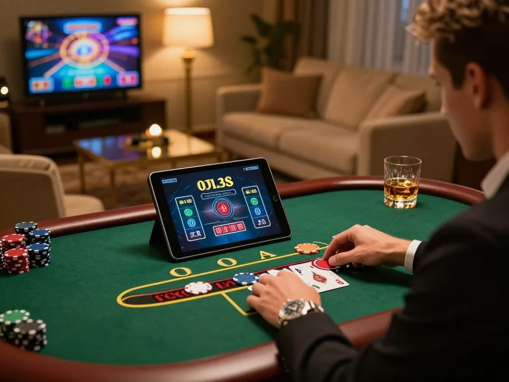 Dabet player enjoying a live blackjack game on tablet in a luxurious home setting, highlighting online casino action.