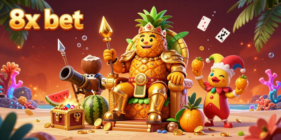 Experience the thrill of 8x bet at a vibrant beach casino with a golden pineapple king and treasure!