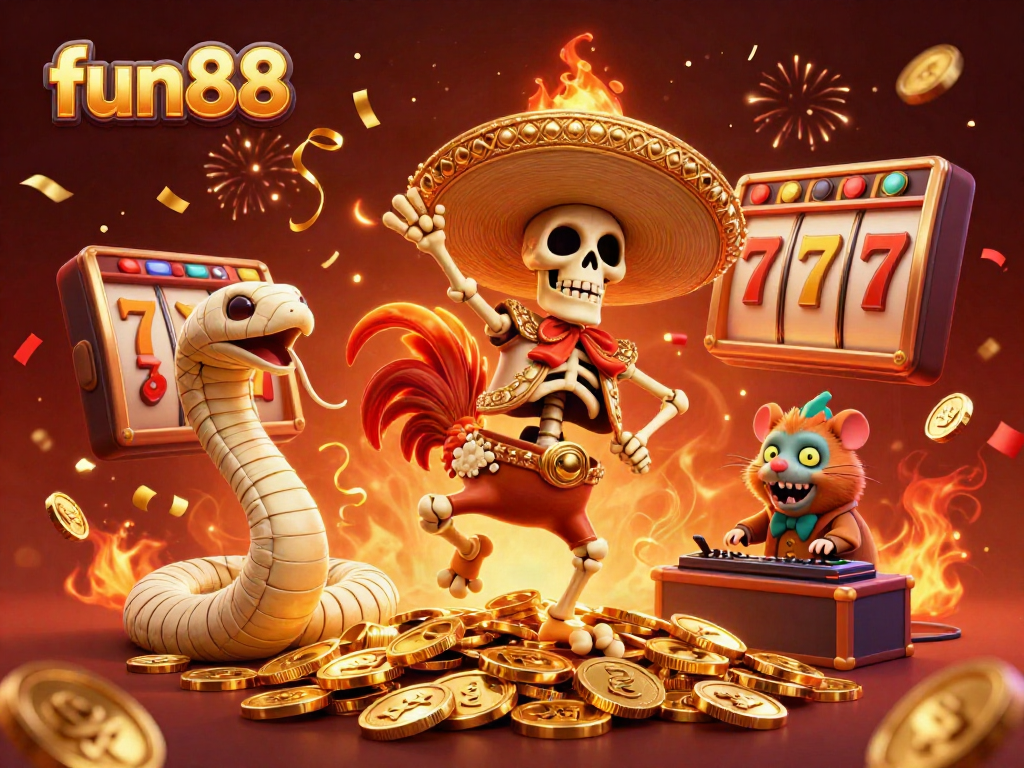 Engage in fun88 themed casino gaming illustrated with a lively mariachi rooster, golden coins, and celebratory elements.