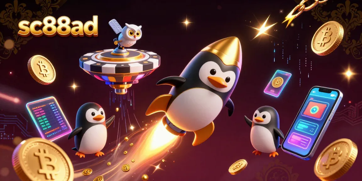Play exciting games at sc88ad with a golden penguin and vibrant casino elements in a dynamic illustration.