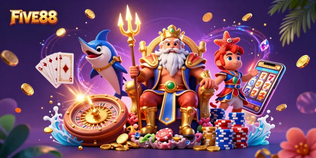 Experience the excitement of FIVE88 casino with a dynamic 3D illustration featuring Neptune and vibrant game elements.