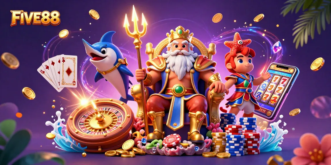 Experience the excitement of FIVE88 casino with a dynamic 3D illustration featuring Neptune and vibrant game elements.
