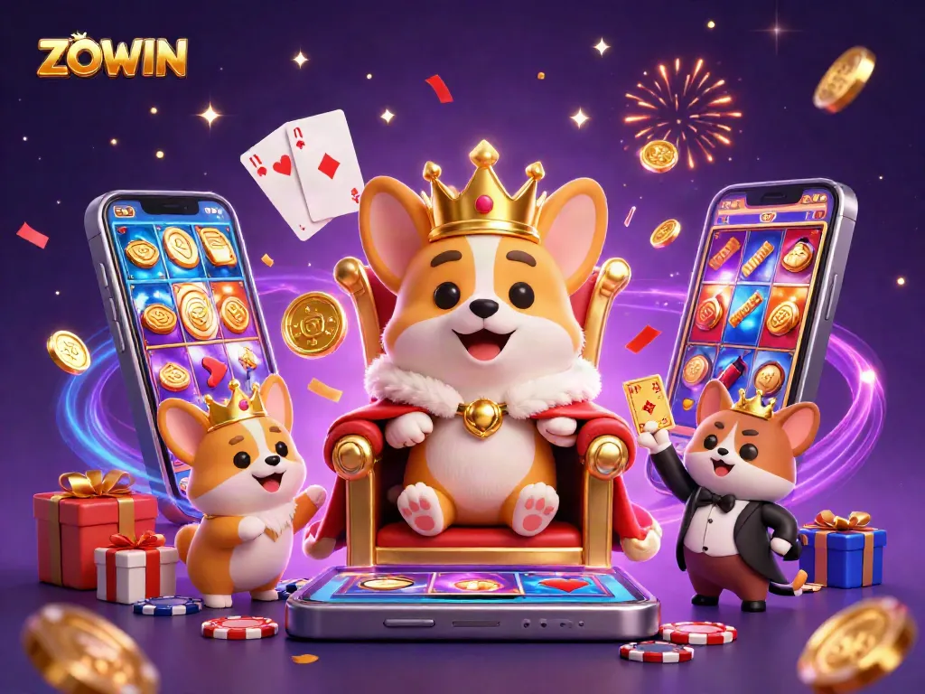 Experience ZOWIN with a royal corgi on a poker chip throne surrounded by dynamic casino elements.