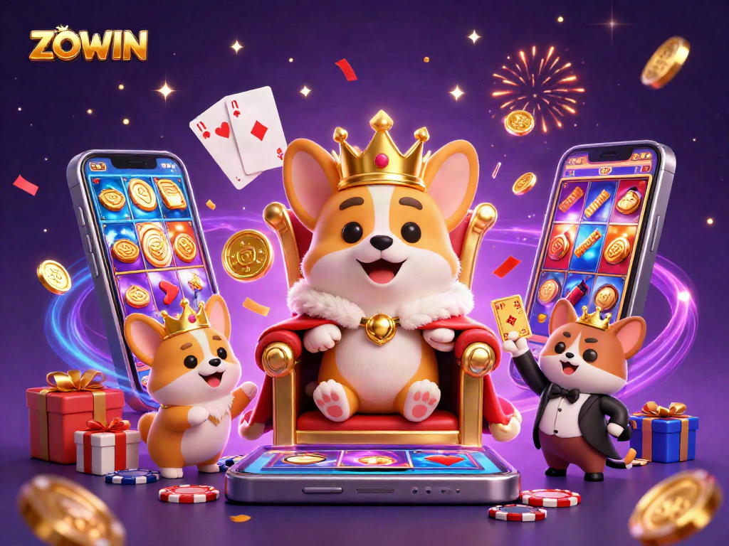 Experience ZOWIN with a royal corgi on a poker chip throne surrounded by dynamic casino elements.