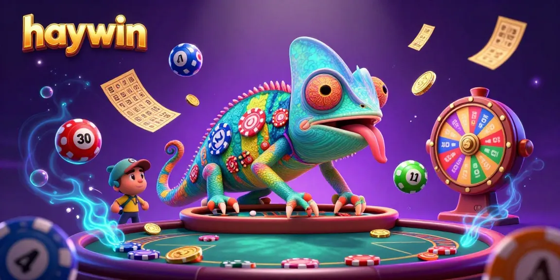 Engage with exciting casino experiences at haywin through this vibrant illustration of a chameleon casino owner amidst dynamic gaming elements.