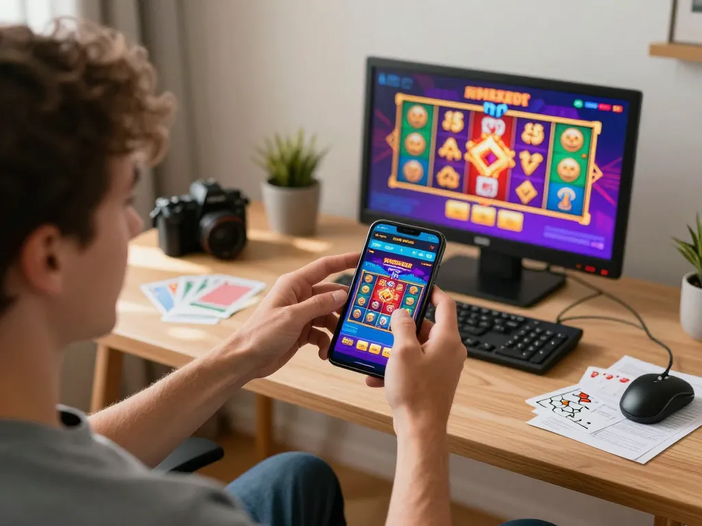 Tic88 uy tín player enjoying vibrant online slots gameplay on mobile device in cozy home setting