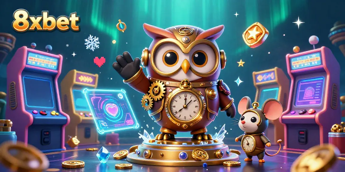 Experience the vibrant world of 8xbet with a time-traveler owl amidst casino elements and arcade games.