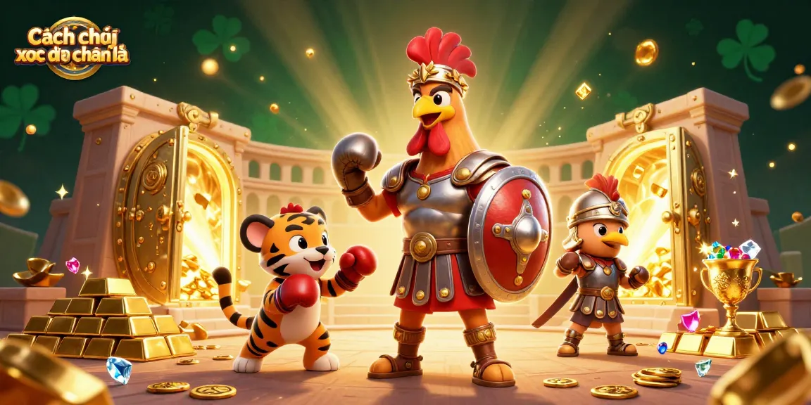 Cách chơi xóc đĩa chẵn lẻ with a gladiator rooster, treasure, and vibrant casino elements
