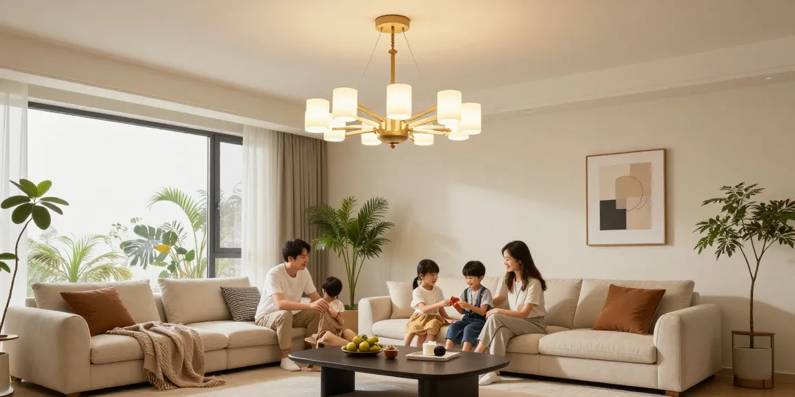 Candelabru living modern în sufrageria elegantă, iluminând atmosfera caldă.