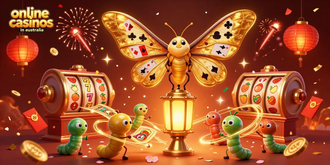 Spin in online casinos in Australia with golden moth and vibrant slot elements.