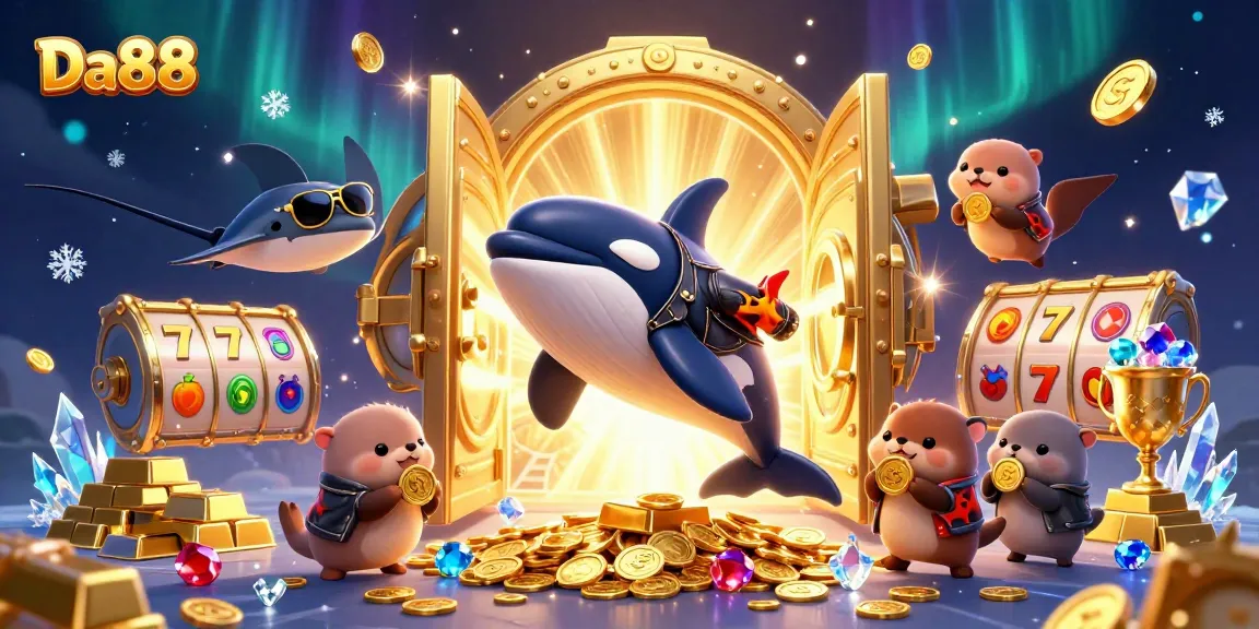 Experience thrilling wins at Da88 with an orca, stingray, and playful sea otters diving into golden treasures.