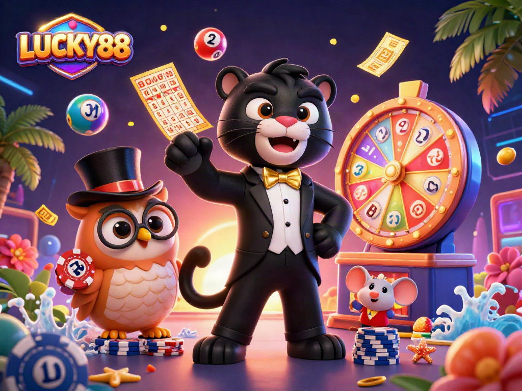 Spin to win with LUCKY88 in a vibrant casino scene featuring animated characters and exciting game elements.
